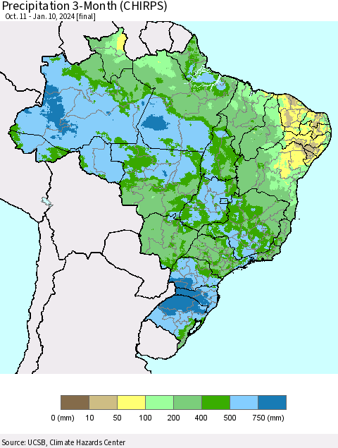 Brazil Precipitation 3-Month (CHIRPS) Thematic Map For 10/11/2023 - 1/10/2024