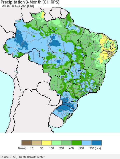 Brazil Precipitation 3-Month (CHIRPS) Thematic Map For 10/16/2023 - 1/15/2024