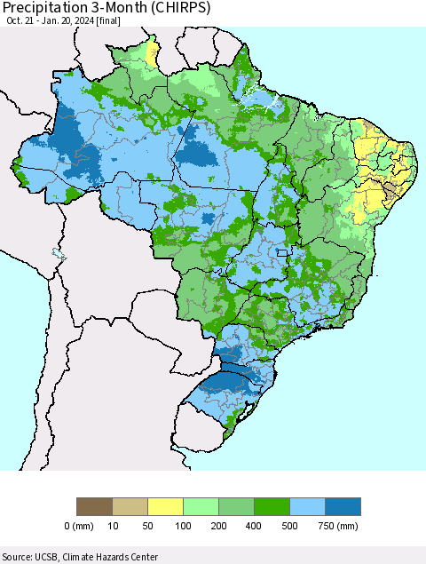 Brazil Precipitation 3-Month (CHIRPS) Thematic Map For 10/21/2023 - 1/20/2024