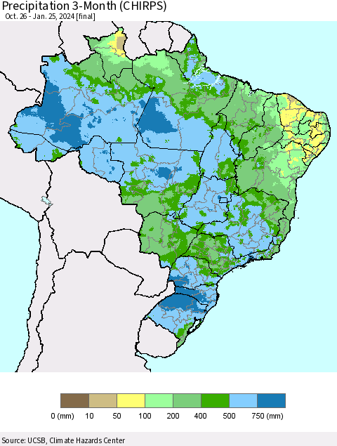 Brazil Precipitation 3-Month (CHIRPS) Thematic Map For 10/26/2023 - 1/25/2024