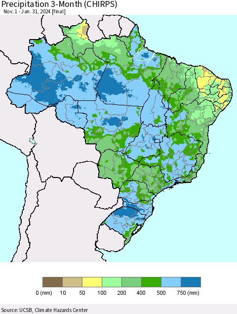 Brazil Precipitation 3-Month (CHIRPS) Thematic Map For 11/1/2023 - 1/31/2024
