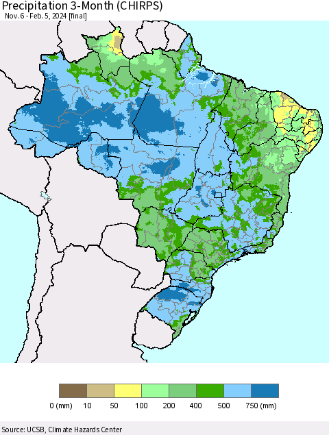 Brazil Precipitation 3-Month (CHIRPS) Thematic Map For 11/6/2023 - 2/5/2024