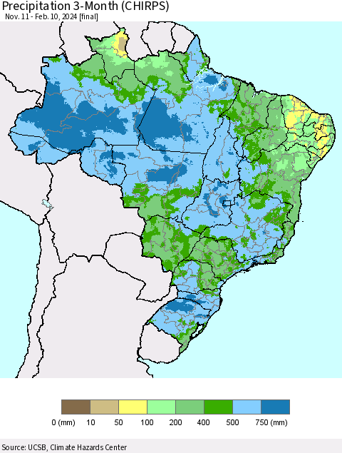 Brazil Precipitation 3-Month (CHIRPS) Thematic Map For 11/11/2023 - 2/10/2024