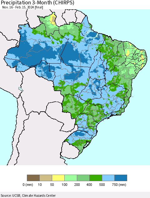 Brazil Precipitation 3-Month (CHIRPS) Thematic Map For 11/16/2023 - 2/15/2024