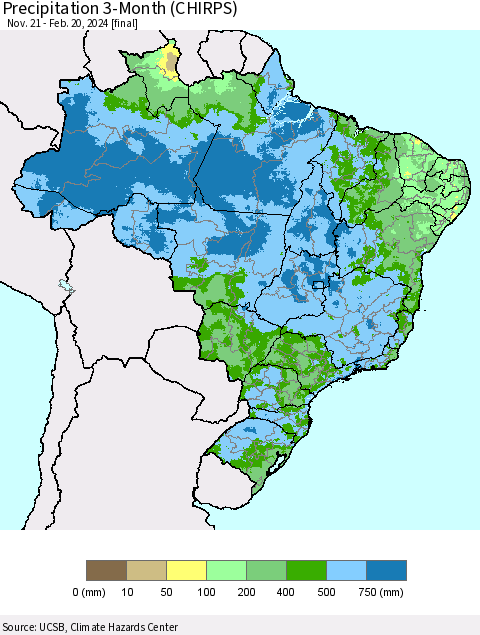 Brazil Precipitation 3-Month (CHIRPS) Thematic Map For 11/21/2023 - 2/20/2024