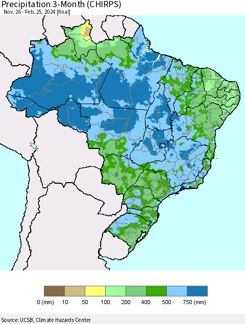 Brazil Precipitation 3-Month (CHIRPS) Thematic Map For 11/26/2023 - 2/25/2024