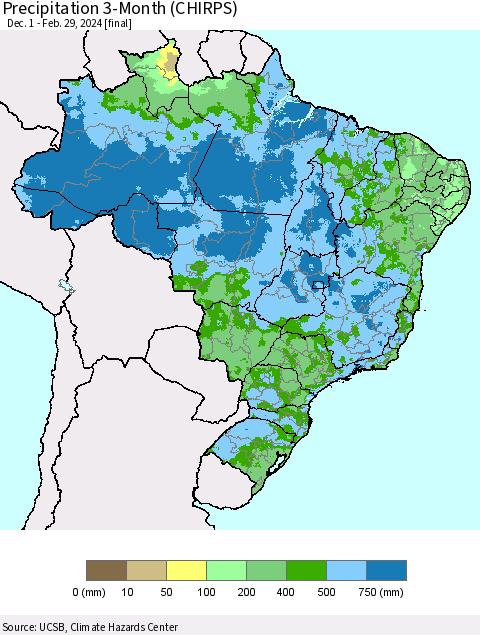 Brazil Precipitation 3-Month (CHIRPS) Thematic Map For 12/1/2023 - 2/29/2024