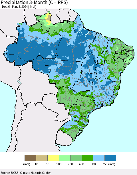 Brazil Precipitation 3-Month (CHIRPS) Thematic Map For 12/6/2023 - 3/5/2024