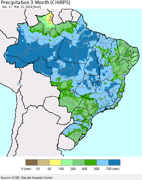 Brazil Precipitation 3-Month (CHIRPS) Thematic Map For 12/11/2023 - 3/10/2024