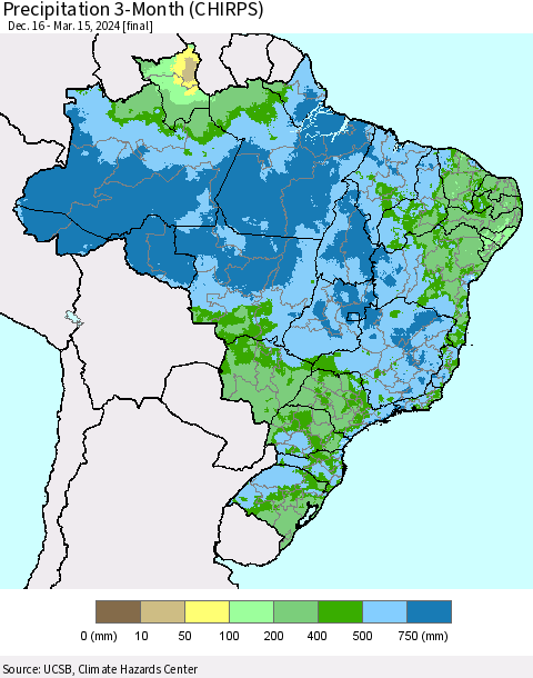 Brazil Precipitation 3-Month (CHIRPS) Thematic Map For 12/16/2023 - 3/15/2024