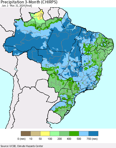 Brazil Precipitation 3-Month (CHIRPS) Thematic Map For 1/1/2024 - 3/31/2024