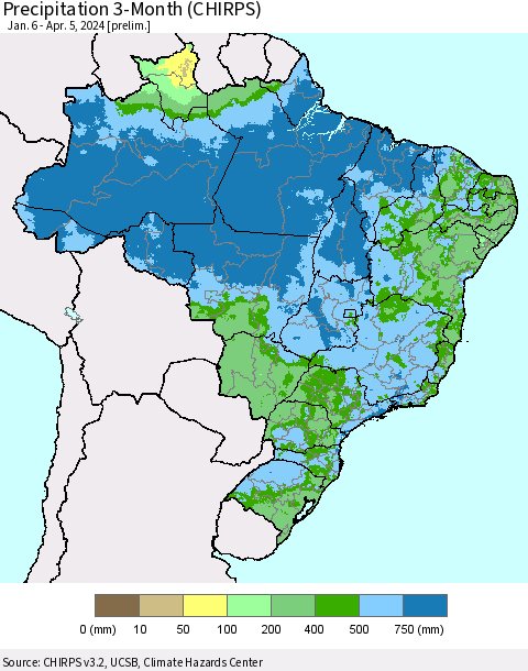 Brazil Precipitation 3-Month (CHIRPS) Thematic Map For 1/6/2024 - 4/5/2024
