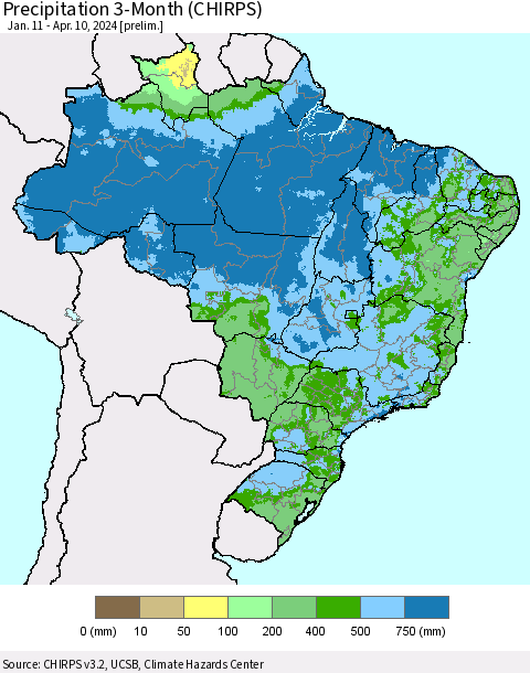 Brazil Precipitation 3-Month (CHIRPS) Thematic Map For 1/11/2024 - 4/10/2024