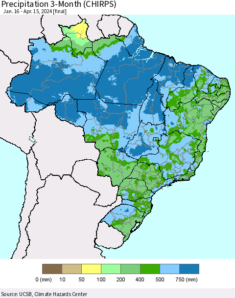 Brazil Precipitation 3-Month (CHIRPS) Thematic Map For 1/16/2024 - 4/15/2024