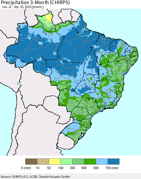 Brazil Precipitation 3-Month (CHIRPS) Thematic Map For 1/21/2024 - 4/20/2024