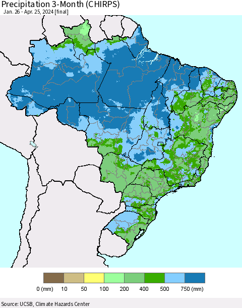 Brazil Precipitation 3-Month (CHIRPS) Thematic Map For 1/26/2024 - 4/25/2024