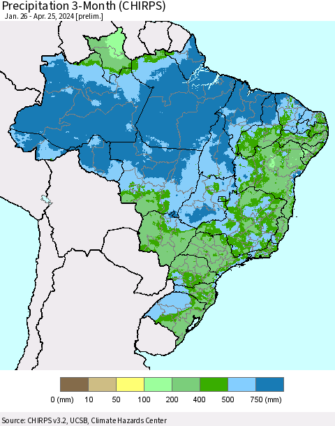 Brazil Precipitation 3-Month (CHIRPS) Thematic Map For 1/26/2024 - 4/25/2024