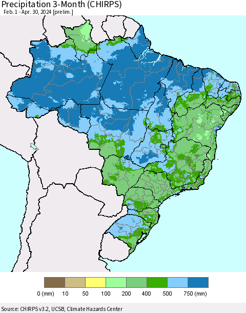 Brazil Precipitation 3-Month (CHIRPS) Thematic Map For 2/1/2024 - 4/30/2024
