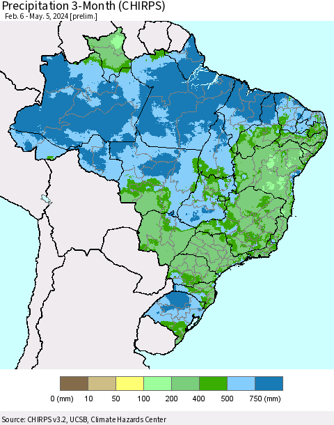 Brazil Precipitation 3-Month (CHIRPS) Thematic Map For 2/6/2024 - 5/5/2024