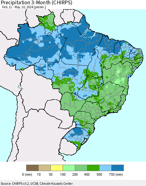 Brazil Precipitation 3-Month (CHIRPS) Thematic Map For 2/11/2024 - 5/10/2024