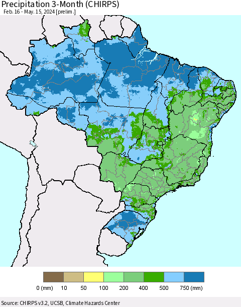 Brazil Precipitation 3-Month (CHIRPS) Thematic Map For 2/16/2024 - 5/15/2024