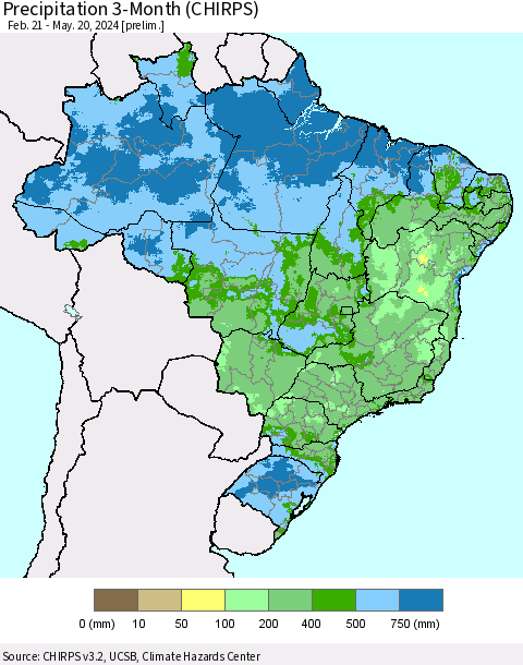 Brazil Precipitation 3-Month (CHIRPS) Thematic Map For 2/21/2024 - 5/20/2024