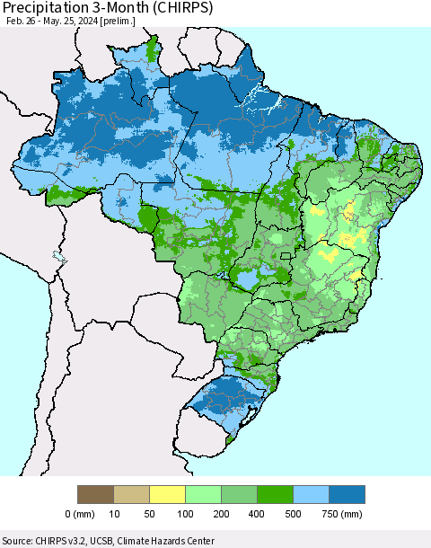 Brazil Precipitation 3-Month (CHIRPS) Thematic Map For 2/26/2024 - 5/25/2024