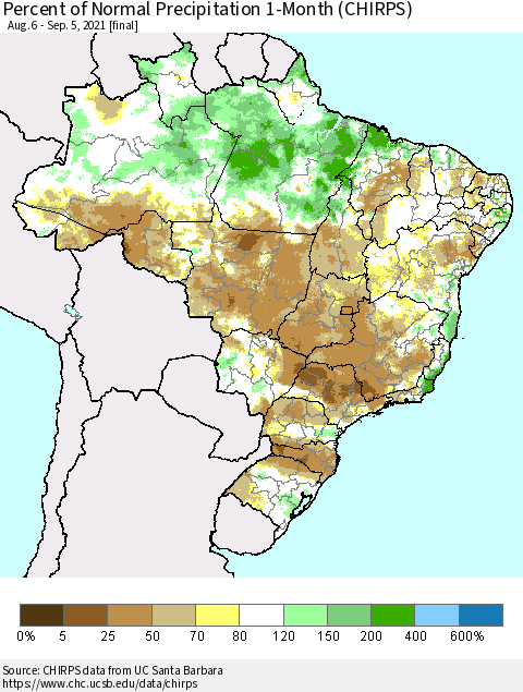 Brazil Percent of Normal Precipitation 1-Month (CHIRPS) Thematic Map For 8/6/2021 - 9/5/2021