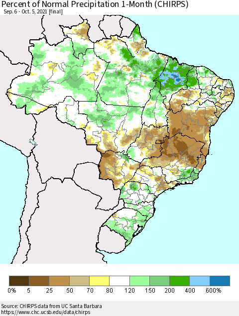 Brazil Percent of Normal Precipitation 1-Month (CHIRPS) Thematic Map For 9/6/2021 - 10/5/2021