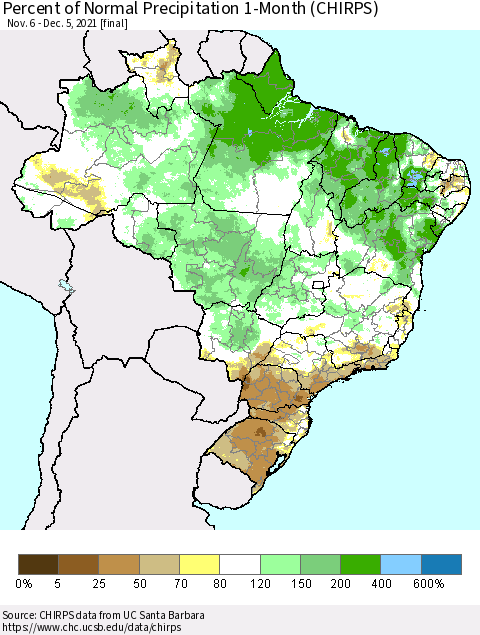 Brazil Percent of Normal Precipitation 1-Month (CHIRPS) Thematic Map For 11/6/2021 - 12/5/2021