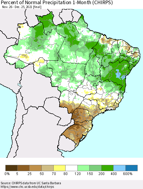 Brazil Percent of Normal Precipitation 1-Month (CHIRPS) Thematic Map For 11/26/2021 - 12/25/2021