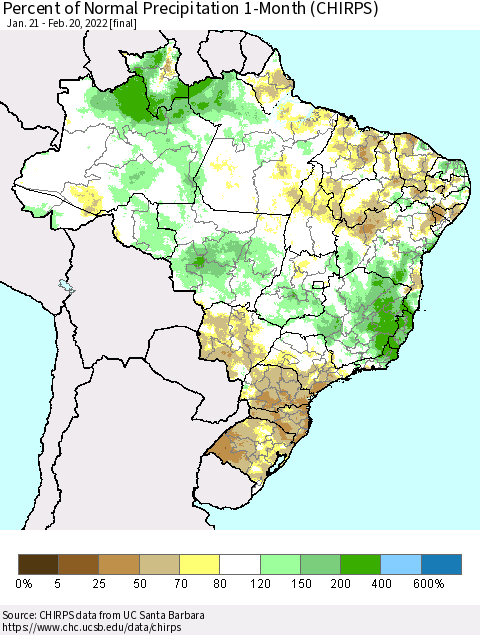 Brazil Percent of Normal Precipitation 1-Month (CHIRPS) Thematic Map For 1/21/2022 - 2/20/2022