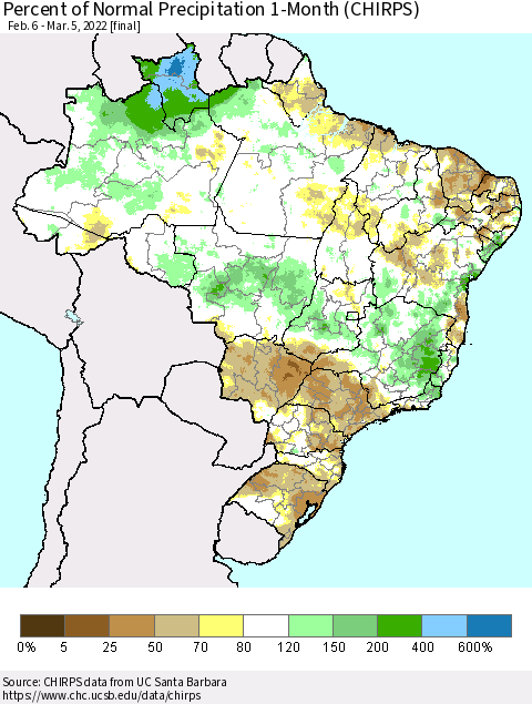 Brazil Percent of Normal Precipitation 1-Month (CHIRPS) Thematic Map For 2/6/2022 - 3/5/2022