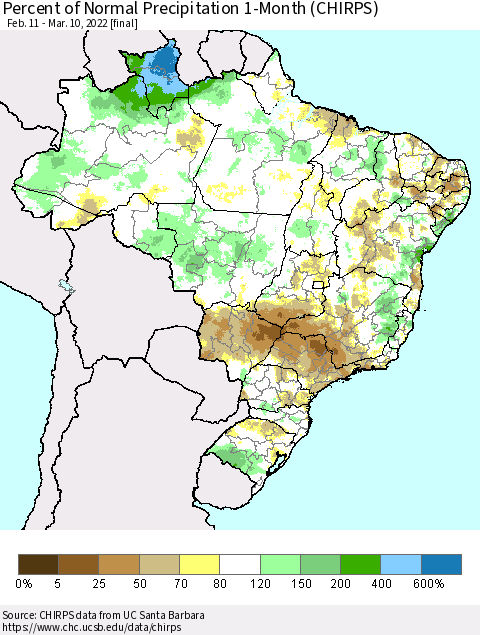 Brazil Percent of Normal Precipitation 1-Month (CHIRPS) Thematic Map For 2/11/2022 - 3/10/2022
