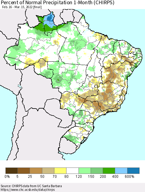 Brazil Percent of Normal Precipitation 1-Month (CHIRPS) Thematic Map For 2/16/2022 - 3/15/2022