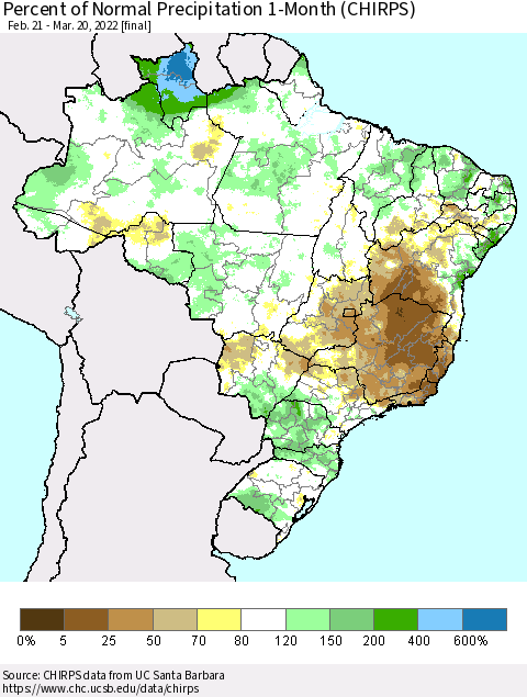 Brazil Percent of Normal Precipitation 1-Month (CHIRPS) Thematic Map For 2/21/2022 - 3/20/2022