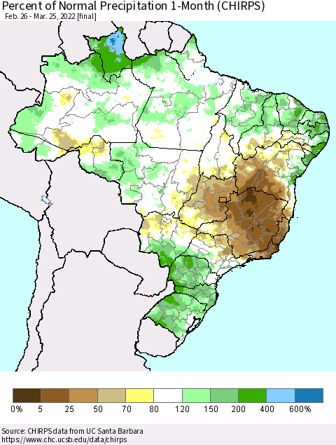 Brazil Percent of Normal Precipitation 1-Month (CHIRPS) Thematic Map For 2/26/2022 - 3/25/2022