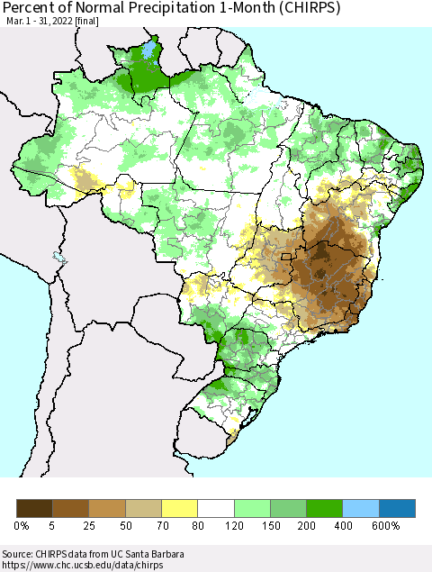 Brazil Percent of Normal Precipitation 1-Month (CHIRPS) Thematic Map For 3/1/2022 - 3/31/2022