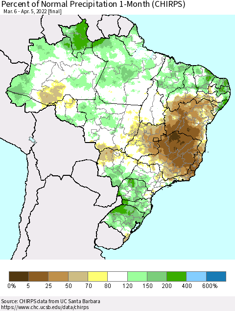 Brazil Percent of Normal Precipitation 1-Month (CHIRPS) Thematic Map For 3/6/2022 - 4/5/2022