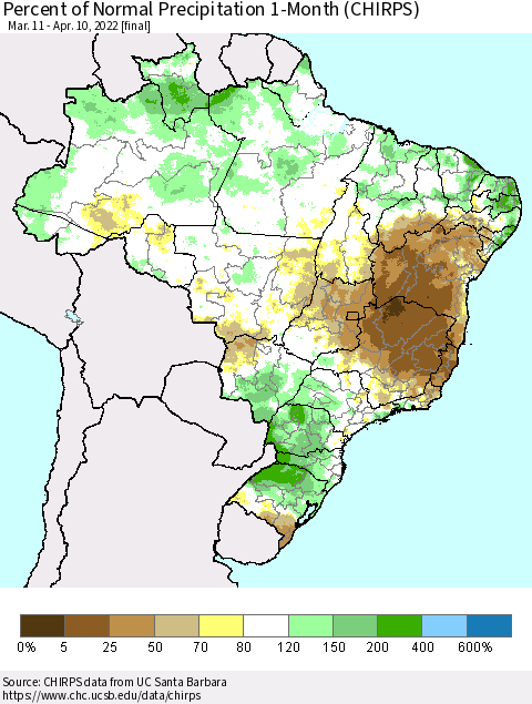 Brazil Percent of Normal Precipitation 1-Month (CHIRPS) Thematic Map For 3/11/2022 - 4/10/2022