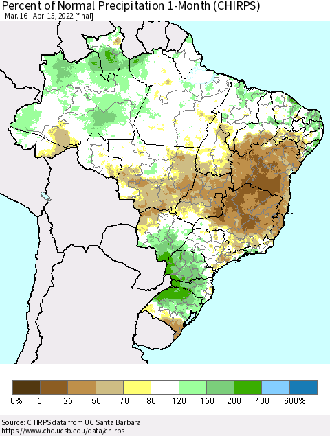 Brazil Percent of Normal Precipitation 1-Month (CHIRPS) Thematic Map For 3/16/2022 - 4/15/2022