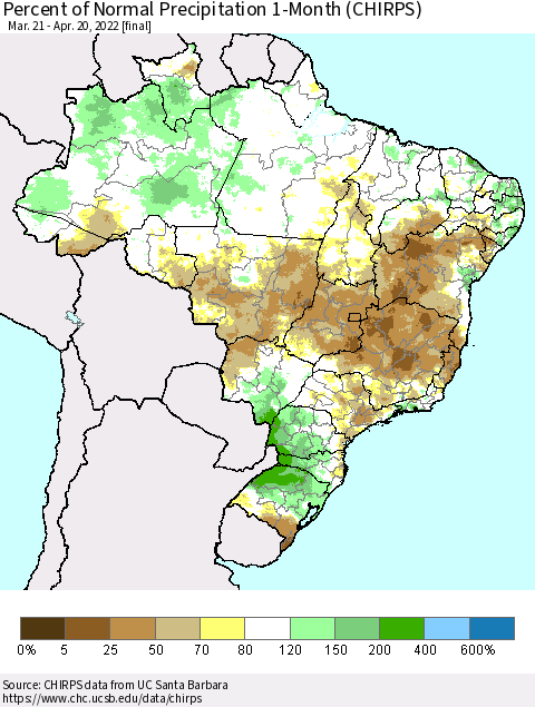 Brazil Percent of Normal Precipitation 1-Month (CHIRPS) Thematic Map For 3/21/2022 - 4/20/2022