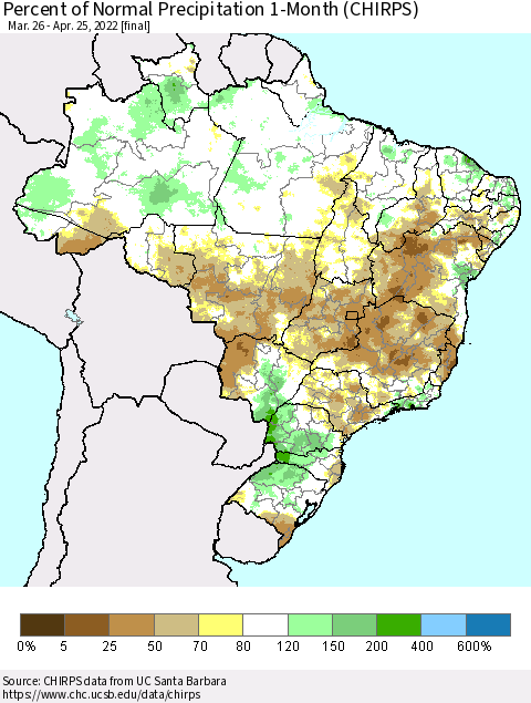 Brazil Percent of Normal Precipitation 1-Month (CHIRPS) Thematic Map For 3/26/2022 - 4/25/2022