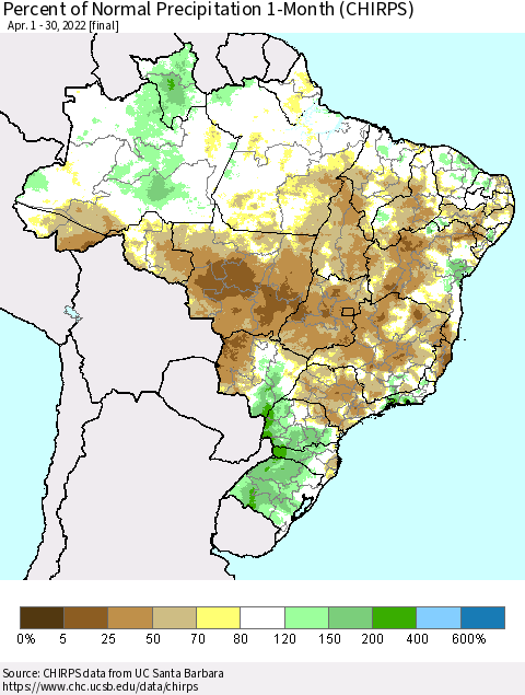 Brazil Percent of Normal Precipitation 1-Month (CHIRPS) Thematic Map For 4/1/2022 - 4/30/2022