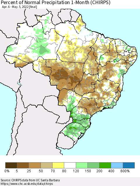 Brazil Percent of Normal Precipitation 1-Month (CHIRPS) Thematic Map For 4/6/2022 - 5/5/2022