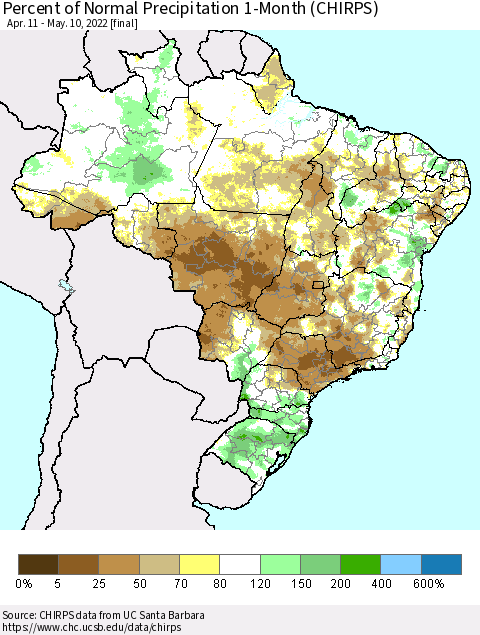 Brazil Percent of Normal Precipitation 1-Month (CHIRPS) Thematic Map For 4/11/2022 - 5/10/2022