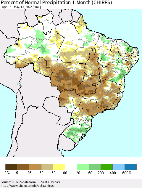 Brazil Percent of Normal Precipitation 1-Month (CHIRPS) Thematic Map For 4/16/2022 - 5/15/2022