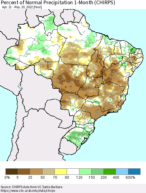Brazil Percent of Normal Precipitation 1-Month (CHIRPS) Thematic Map For 4/21/2022 - 5/20/2022