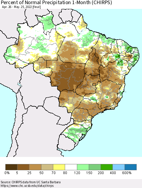 Brazil Percent of Normal Precipitation 1-Month (CHIRPS) Thematic Map For 4/26/2022 - 5/25/2022