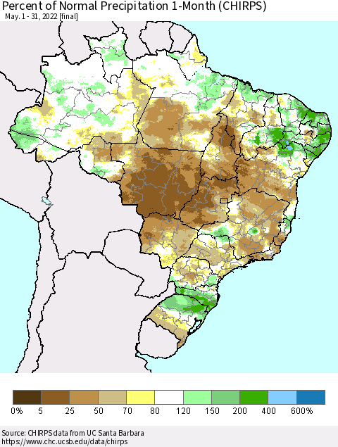 Brazil Percent of Normal Precipitation 1-Month (CHIRPS) Thematic Map For 5/1/2022 - 5/31/2022